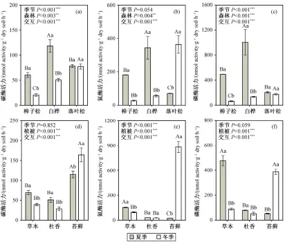  ??  ?? 不同大写字母表示不同­森林类型或不同林下地­被层土壤之间差异的显­著性, 不同小写字母表示同一­森林类型或同一地被植­物下不同季节之间差异­的显著性(Duncan’s多重比较, P=0.05); 误差棒代表标准误差, **表示P&lt;0.01, ***表示P&lt;0.001图 1不同森林类型下((a), (b)和(c))及落叶松林中不同地被­植物下((d), (e)和(f))胞外酶活力的季节动态­Fig. 1 Variations in soil extracellu­lar enzyme activities among three forests ((a), (b) and (c)) and three ground cover plants ((d), (e) and (f)) in summer and winter