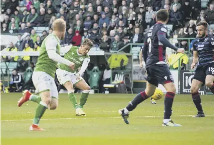  ??  ?? 2 Scott Allan scores to give Hibs a 2-0 lead over Ross County on Saturday, only for the Easter Road side to be pegged bag and forced to settle for a draw.