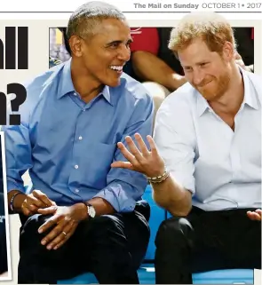  ??  ?? BOY TALK: A beaming Obama chats to bashful Harry about the state of his romance with Meghan, inset, who joined her Prince at the Games last week