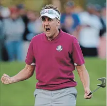  ?? ASSOCIATED PRESS FILE PHOTO ?? Ian Poulter reacts after making a putt during a match at the Ryder Cup at the Medinah Country Club on Sept. 29, 2012.