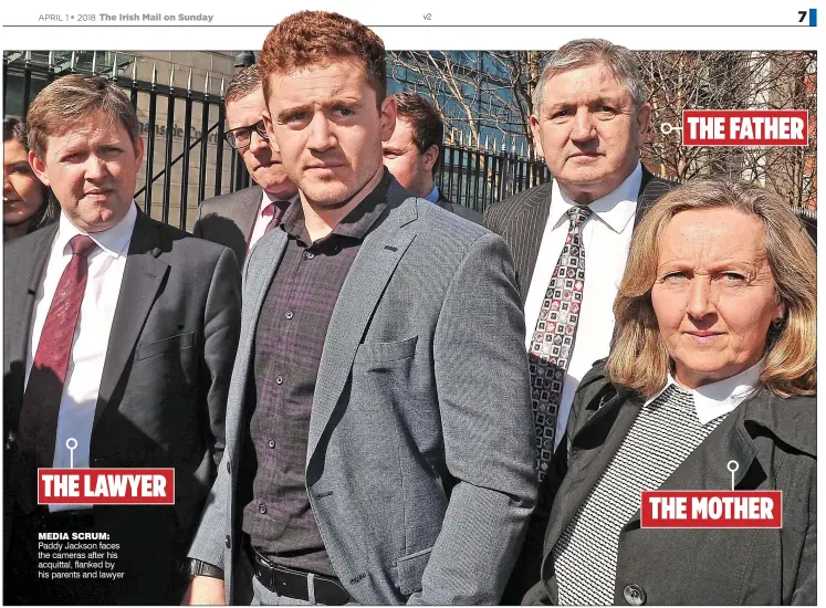  ??  ?? Media scruM: Paddy Jackson faces the cameras after his acquittal, flanked by his parents and lawyer