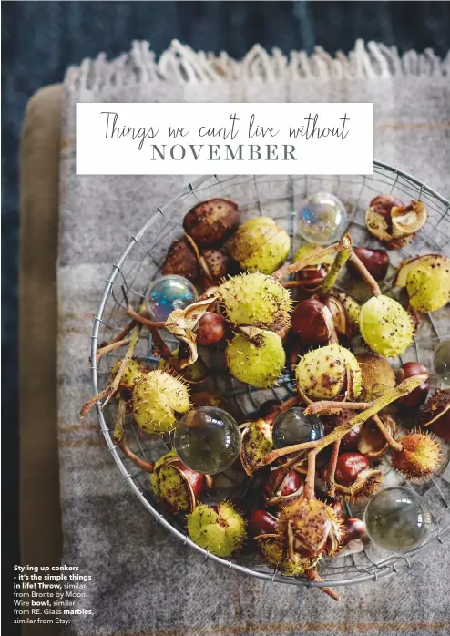  ??  ?? Styling up conkers
– it’s the simple things in life! Throw, similar from Bronte by Moon. Wire bowl, similar from RE. Glass marbles, similar from Etsy.