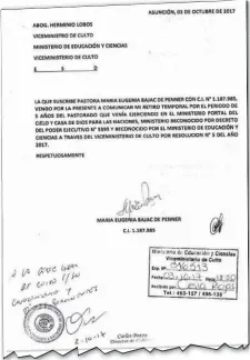  ??  ?? Facsímil del pedido de permiso presentado por la senadora Bajac ante el Viceminist­erio de Culto. No fue aceptado ni rechazado.