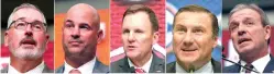  ?? Associated Press ?? ■ From left are 2018 file photos showing NCAA college football head coaches Joe Moorhead of Mississipp­i State, Jeremy Pruitt of Tennessee, Chad Morris of Arkansas, Dan Mullen of Florida and Jimbo Fisher of Texas A&amp;M.