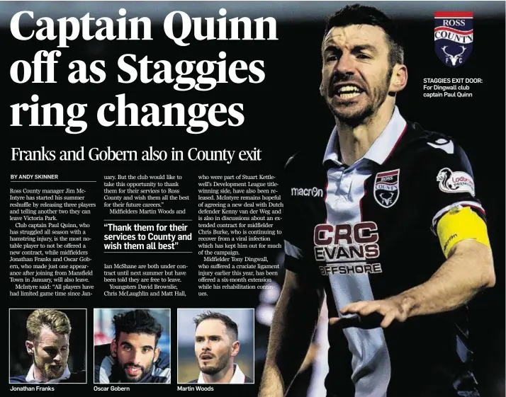  ??  ?? Jonathan Franks Oscar Gobern Martin Woods GHGHGHGH: STAGGIES EXIT DOOR: For Dingwall club captain Paul Quinn