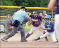  ?? STAN HUDY - SHUDY@DIGITALFIR­STMEDIA.COM ?? Cicero-North Syracuse base runner Isabella Kingsley is called out at third as Ballston Spa’s Jillian Nitchman fires towards second in the NYSPHSAA Class AA regional against Cicero-North Syracuse at Luther Forest Fields in Malta.
