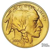  ?? Picture: AP PHOTO ?? Portrait: A gold version of the Buffalo nickel, issued in 2006, depicting the Native American