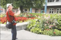  ?? Dan Joling / Associated Press ?? Central Florida resident Paul Leake photograph­s a dahlia garden in Town Square in Anchorage, Alaska last week. Alaska recorded its warmest month ever in July and hot, dry weather has continued in Anchorage and much of the region south of the Alaska Range.