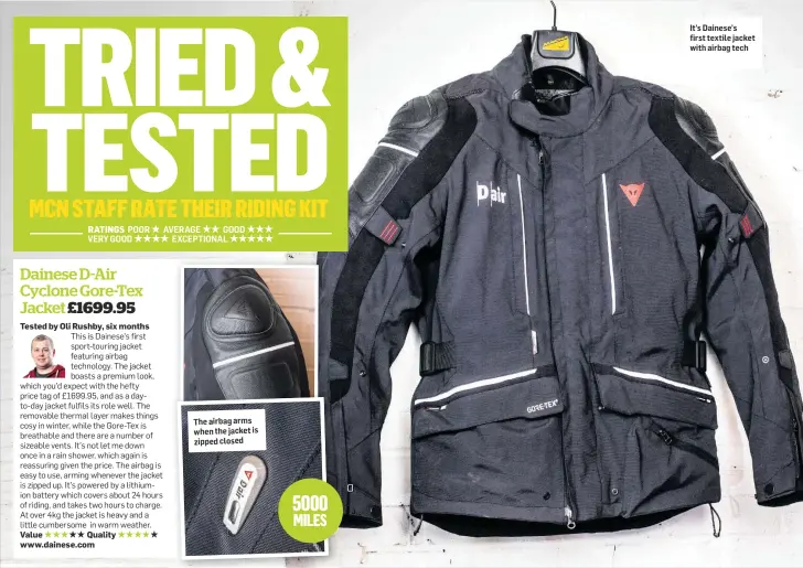  ??  ?? The airbag arms when the jacket is zipped closed It’s Dainese’s first textile jacket with airbag tech