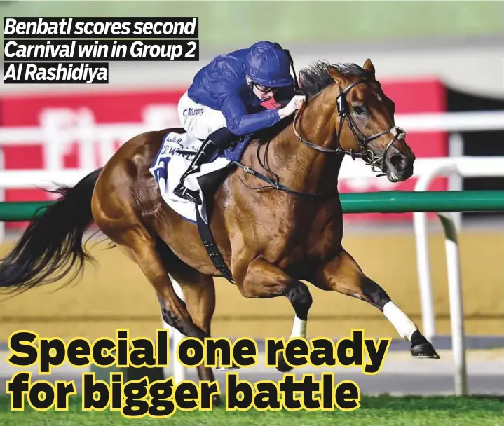  ?? Virendra Saklani/Gulf News ?? Benbatl, ridden by Oisin Murphy and trained by Saeed Bin Surour, on way to win Group 2 Al Rashidiya race on Dubai World Cup Carnival night at Meydan yesterday.