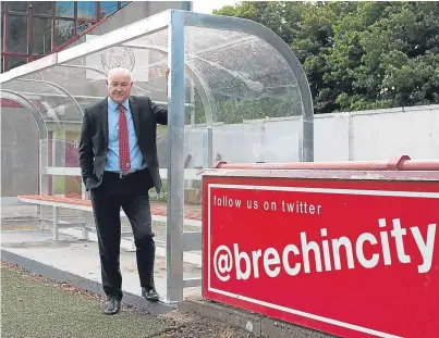  ??  ?? Brechin chairman Ken Ferguson with one of the new dugouts. Picture: Paul Smith.