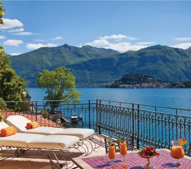  ??  ?? Above: The spacious terrace of Grand Hotel Tremezzo’s Greta Suite boasts views of Bellagio across the lake