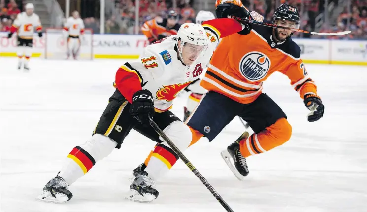  ?? DAVID BLOOM/AP ?? Calgary Flames forward Mikael Backlund, seen here fighting off Edmonton’s Darnell Nurse in a January game, scored a pretty goal Friday against Washington.