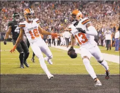  ?? Elsa / Getty Images ?? Cleveland’s Odell Beckham Jr. (13) celebrates his touchdown with teammate Damion Ratley against the Jets on Sept. 16.