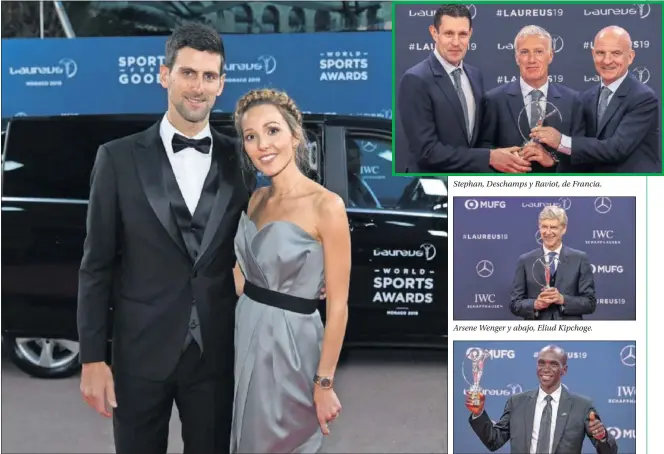  ??  ?? Stephan, Deschamps y Raviot, de Francia.Arsene Wenger y abajo, Eliud Kipchoge.GALARDONES. Djokovic, con su esposa Jelena a la llegada. El serbio dedicó unas emotivas palabras al apoyo que recibió de ella cuando estuvo lesionado.