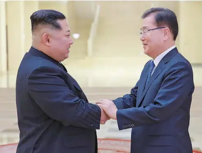  ??  ?? The Democratic People’s Republic of Korea leader Kim Jong Un (left) greets Chung Eui-yong, head of South Korea’s presidenti­al National Security Office, in Pyongyang yesterday. — AFP