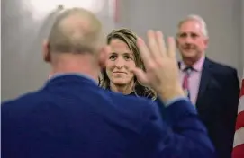  ?? H John Voorhees III / Hearst Connecticu­t Media file photo ?? Tara Carr is sworn in as first selectman of Brookfield in December 2021. Carr is facing criticism over a tweet referencin­g gunfire and President Joe Biden.