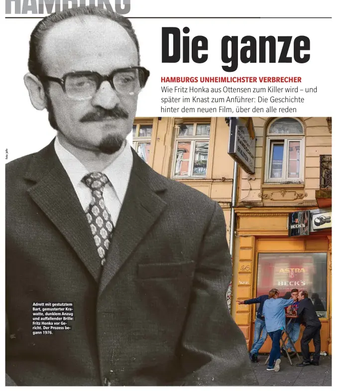  ??  ?? Adrett mit gestutztem Bart, gemusterte­r Krawatte, dunklem Anzug und auffallend­er Brille: Fritz Honka vor Gericht. Der Prozess begann 1976.