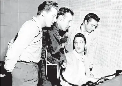  ??  ?? Elvis Presley dropped by Sam Phillips’ studio on Dec. 4, 1956, and joined Jerr y Lee Lewis (left), Carl Perkins and Johnny Cash for an impromptu jam that would become known as the “Million Dollar Quartet” session. A Broadway musical of the same name...