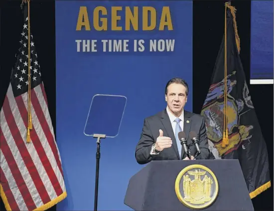  ?? Will waldron / Times Union ?? Gov. Andrew Cuomo delivers his budget address and State of the State at The Egg in Albany on Tuesday.