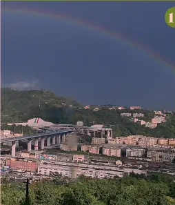  ?? LAPRESSE/AFP ?? 1
Il battesimo e la memoria
1) L’arcobaleno che ha salutato l’inaugurazi­one del ponte Genova
San Giorgio;
2) L’architetto Renzo Piano, 82 anni, sul ponte: è suo il progetto dell’opera;
3) Il premier Giuseppe Conte, taglia il nastro col governator­e ligure Giovanni Toti e il sindaco Marco Bucci;
4) L’incontro in Prefettura tra il presidente Sergio Mattarella e i parenti delle vittime del crollo;
5) Il passaggio delle Frecce tricolori sul viadotto