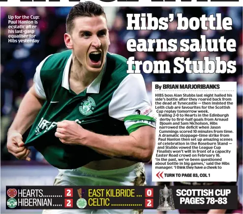  ??  ?? Up for the Cup: Paul Hanlon is ecstatic after his last-gasp equaliser for Hibs yesterday