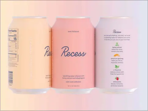  ?? RENDERING VIA RECESS VIA THE NEW YORK TIMES ?? Recess is a sparkling water infused with CBD (government name: cannabidio­l), a nonintoxic­ating hemp extract that is said to provide pain relief, reduce inf lammation and help ease anxiety.