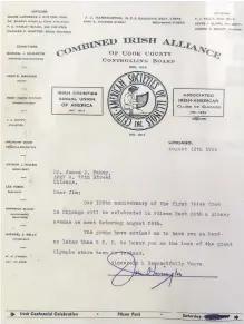  ?? ?? An invitation to Jim Fahey from the Combined Irish Alliance of Cook County Controllin­g Board in 1952, inviting the ‘last of the real
Olympic stars born in Ireland’.