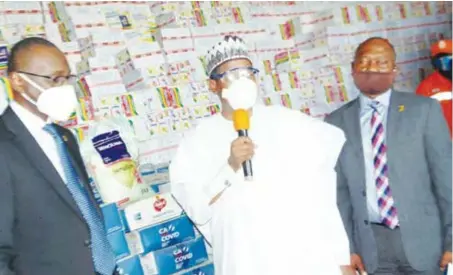  ??  ?? L-R: Abdullahi Ibrahim, representi­ng governor of the Central Bank of Nigeria (CBN); Muhammed Usman, representi­ng minister of state for FCT; and Barau Muazu, group head, First Bank Nigeria Limited, during the presentati­on of CACOVID Food Relief Programme for FCT in Abuja, recently