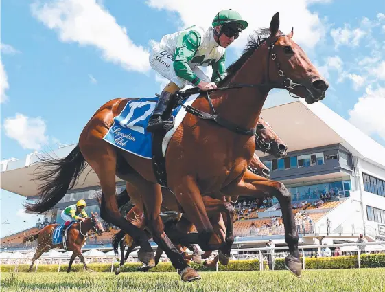  ?? Picture: AAP IMAGE ?? Outback Barbie wins the Calaway Gal Stakes on debut at Doomben with Jim Byrne in the saddle.