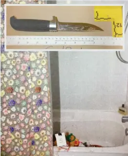  ?? PHOTO COURTOISIE DE LA COUR ?? Les policiers ont été appelés à se rendre dans un logement où ils ont découvert la victime, poignardée et gisant dans sa baignoire. En mortaise, l’arme présumée du crime.