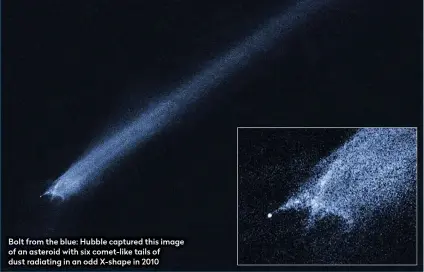  ??  ?? Bolt from the blue: Hubble captured this image of an asteroid with six comet-like tails of dust radiating in an odd X-shape in 2010