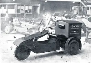  ?? ?? LEFT: Pictured in 1922, and marked up with crosses to ‘pull it out’ from the rest of the print, was this small Harper Runabout-based commercial three-wheeler advertisin­g the ‘no water’ letter copier from the Manchester-based Roneo Ltd.