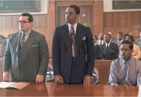  ?? BARRY WETCHER/OPEN ?? Josh Gad (from left), Chadwick Boseman and Sterling K. Brown face the judge in “Marshall,” about future Supreme Court justice Thurgood Marshall (Boseman).