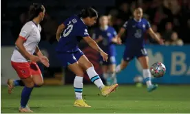  ?? Photograph: Bradley Collyer/PA ?? Chelsea’s Sam Kerr strikes on 10 minutes to score the first of her four goals against Vllaznia.