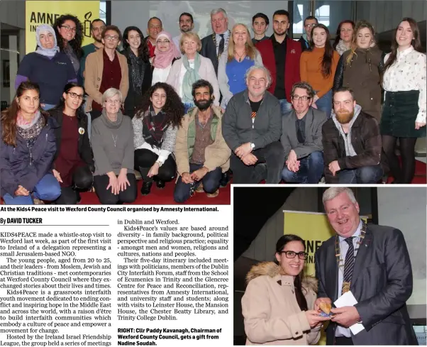  ??  ?? At the Kids4 Peace visit to Wexford County Council organised by Amnesty Internatio­nal. RIGHT: Cllr Paddy Kavanagh, Chairman of Wexford County Council, gets a gift from Nadine Soudah.