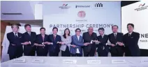  ??  ?? OFFICIALS of GT Capital Holdings, Inc., Nomura Real Estate Developmen­t Co., Ltd and Isetan Mitsukoshi Holdings Ltd. seal the P20-billion Sunshine Fort project with a ceremonial handshake during the project’s launch at GT Internatio­nal Tower, Makati...