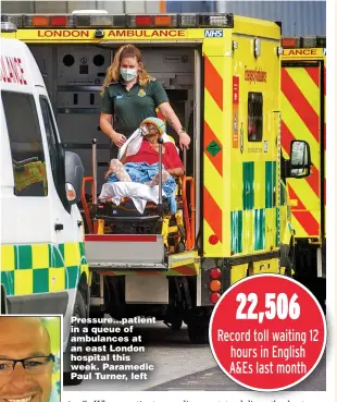  ?? Pictures: ALAMY, GETTY ?? Pressure...patient in a queue of ambulances at an east London hospital this week. Paramedic Paul Turner, left