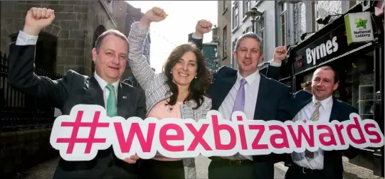  ??  ?? Launching the 2018 Wexford Business Awards on Wexford’s North Main Street: Tom Enright (CE, Wexford County Council), Enda Kavanagh (CE, Wexford Chamber), Niall Reck (Chamber president) and Graham Scallan (vice president).