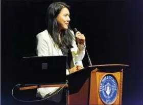  ??  ?? Investigat­ive journalist and best-selling author Suki Kim is the inaugural speaker for the new Thomas G. Ruth Speaker Series at The Hill School and spoke about her experience­s inside North Korea.