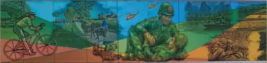  ?? COURTESY CITY OF WHITTIER ?? This rendering shows one side of the memorial wall proposed to honor the late Jose Ramos, a former Army combat medic from Whittier who advocated for a day honoring Vietnam War veterans, including by getting attention for his cause with bicycle rides to Washington, D.C. The wall features a ceramic tile wrap-around mural frieze.