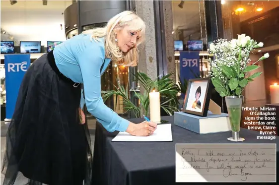  ??  ?? Tribute: Miriam O’Callaghan signs the book yesterday and, below, Claire Byrne’s message