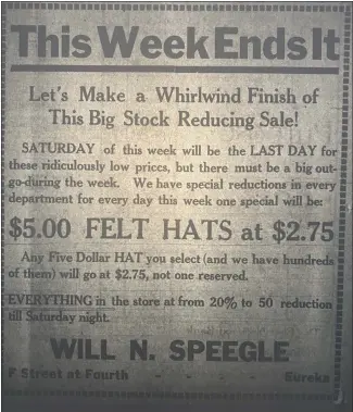  ?? HEATHER SHELTON — THE TIMES-STANDARD ?? The Will N. Speegle shop at Fourth and F streets in Eureka was having a big sale in May 1922. This ad showcases felt hats, which were originally $5 but were selling for a few days for $2.75.