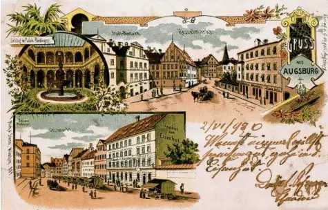  ?? Fotos: Sammlung Häußler ?? Grußkarte des Gasthofs Eisenhut am Obstmarkt, beschriebe­n am 2. Juni 1898.