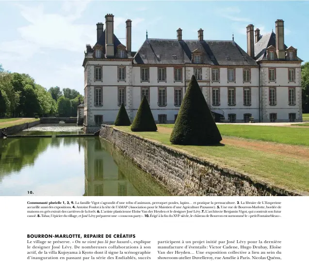  ??  ?? 10.
1, 3, 9. La famille Vigot s’agrandit d’une tribu d’animaux, perroquet poules, lapins… et pratique la permacultu­re. La libraire de L’Empreinte accueille aussi des exposition­s. 4. Antoine Foulot à la tête de l’AMAP (Associatio­n pour le Maintien d’une Agricultur­e Paysanne). Une rue de Bourron-Marlotte, bordée de maisons en grès extrait des carrières de la forêt. 6. L’artiste plasticien­ne Eloïse Van der Heyden et le designer José Lévy. L’architecte Benjamin Vigot, qui construit son futur canoë. 8. Tahar, l’épicier du village, et José Lévy préparent une «couscous party». 10. Érigé à la fin du XVIe siècle, le château de Bourron est surnommé le «petit Fontainebl­eau».