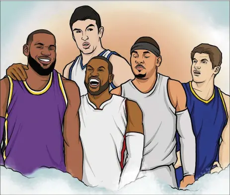  ?? M. BRIAN BOWENS / NEW YORK TIMES ?? Survivors of the NBA class of 2003 include (from left) LeBron James, Zaza Pachulia, Dwyane Wade, Carmelo Anthony and Kyle Korver. Those five players would emerge as key members of one of the most celebrated draft classes in league history — a class that would produce nine All-Stars — and they are the only five who remain from a fraternity that has thinned with each passing season.