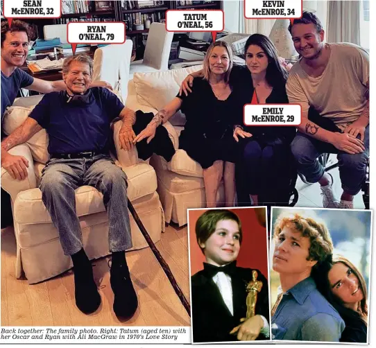  ??  ?? Back together: The family photo. Right: Tatum (aged ten) with her Oscar and Ryan with Ali MacGraw in 1970’s Love Story