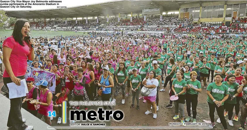  ?? BOY SANTOS ?? Quezon City Vice Mayor Joy Belmonte addresses zumba participan­ts at the Amoranto Stadium in Quezon City on Saturday.