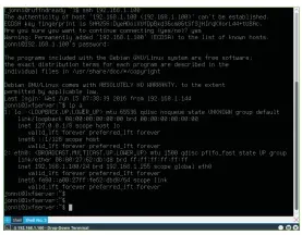  ??  ?? The first time you SSH into a machine, you need to confirm the machine’s fingerprin­t. The “ip” command displays a lot of informatio­n for few keystrokes.