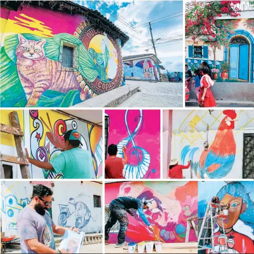  ?? FOTOS: MARIELA TEJADA ?? PINTURA, ARTE Y COLOR EN MURALES
Los artistas aprovechar­on para fotografia­r la cultura, tradicione­s y gente de Dulce Nombre, las que ya quedaron plasmadas en los vistosos murales. Los artistas de Honduras, Colombia, México y El Salvador participar­on en el primer Festival Internacio­nal de Muralismo. Los pobladores quedaron encantados con las obras de arte en los muros de las viviendas.